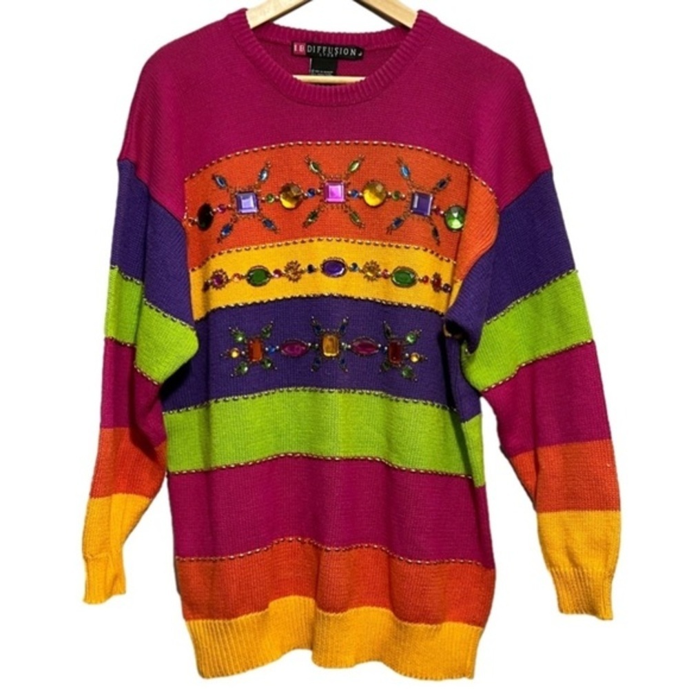 I.B Diffusion Sport Knit Sweater W/Hand Stitched Gems Size L
